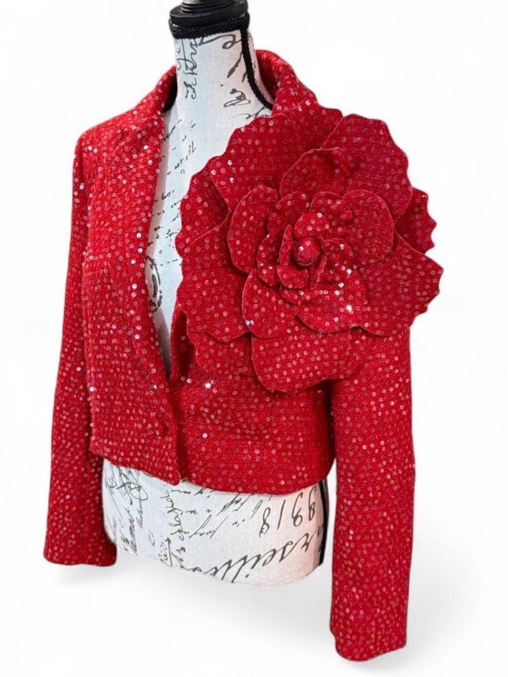 La’Ros Red Sequin Tweed Jacket 3D Flower Maximalist Editorial Carrie Bradshaw S